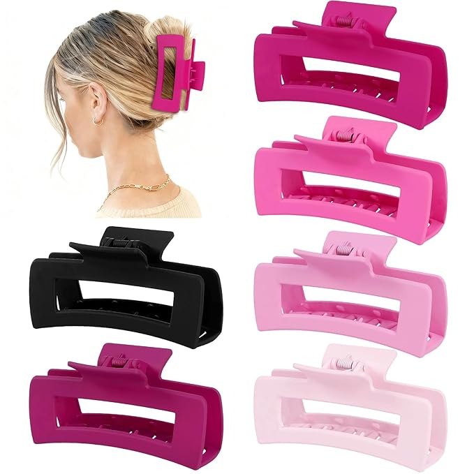 4 Inch Big Hair Claw Clips 6 Pcs Large Claw for Thick Hair Square Hair Clips for Women Rectangle Hair Clips Nonslip Acrylic Banana Jaw Clips Hair Accessories for Girls (Pink Purle)