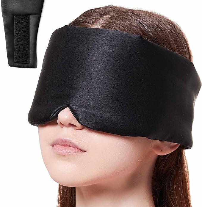 SOLZEK Nature Silk Sleeping Mask Soft Featherweight Eye Mask Large Wrap-Around Blindfold with Adjustable Velcro Blackout for Wild Sleeper Nose Cut (Black)