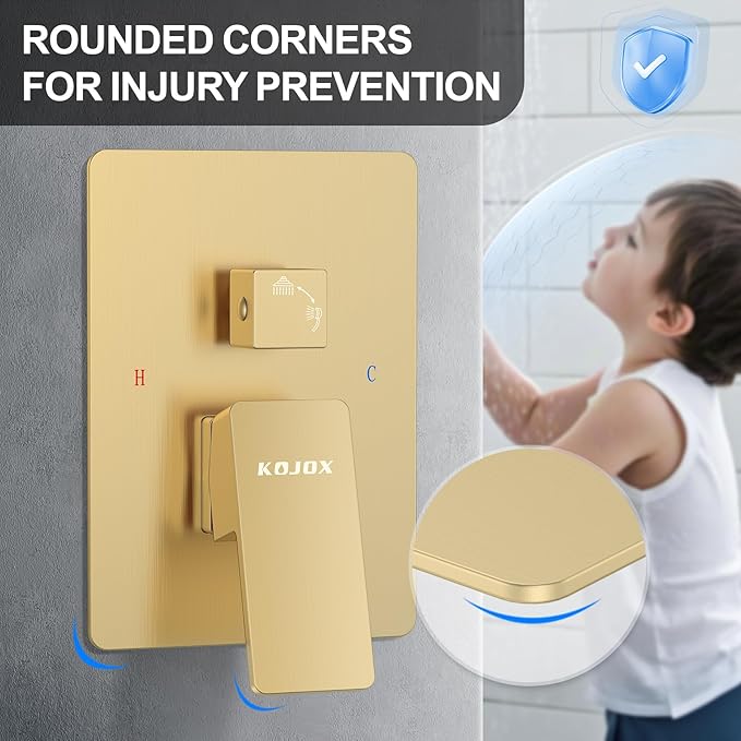 KOJOX Shower System Bathroom Luxury 10 Inch Rain Shower Head with Handheld Mixer Shower Combo Set Wall Mounted Shower Faucet Trim with Valve Brush Gold