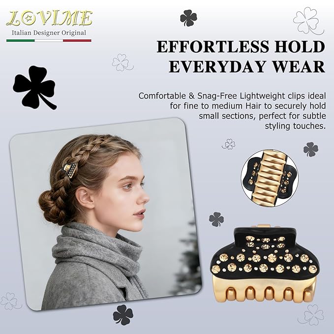 1.2" Mini Clover Claw Clips for Girls Kids - 18K Gold Plated Small Black Hair Clips for Side Bangs & Braids, Rhinestone Hair Accessories for Fine Hair, Cute Birthday Gift for Daughter