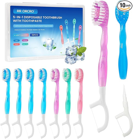 10Pack Disposable Toothbrushes with Toothpaste 5-in-1 Mini Travel Toothbrush with Tongue Scraper + Floss + Pick Individually Wrapped Prepasted Portable On The Go Toothbrush for Work Travel, 4 Flavors