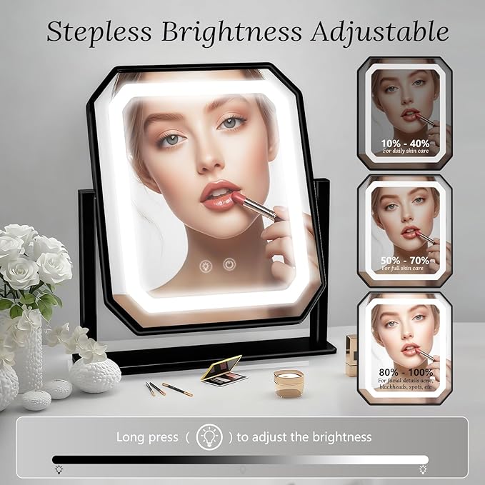 Lighted Makeup Mirror, 3 Colors for Precise Application, Touch Control Brightness Adjustment for Easy Use, with a Detachable 10x Magnifying Mirror, 12“ x 10” Hollywood Vanity Mirror for Plug-in Use