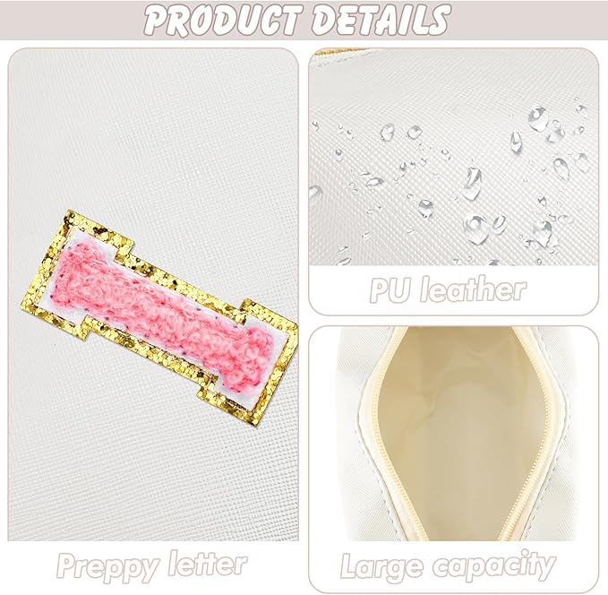 URSKYTOUS Initial Makeup Bag Personalized Preppy Travel Small Cosmetic Bag Cute PU White Chenille Letter Makeup Pouch for Purse Waterproof Zippered Toiletry Organizer for Women Girls Kids Friends (I)