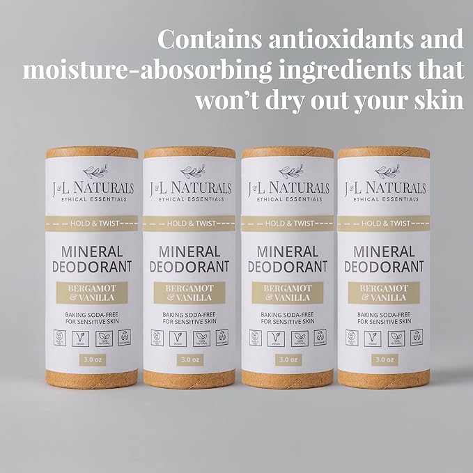 J&L Naturals Mineral Deodorant | Baking Soda-Free, 100% Natural, Sustainable Skin Care | Sensitive Deodorant For Women & Men | Aluminum Free, Vegan, Cruelty-Free (Bergamot & Vanilla, 3 Oz (Pack of 4))