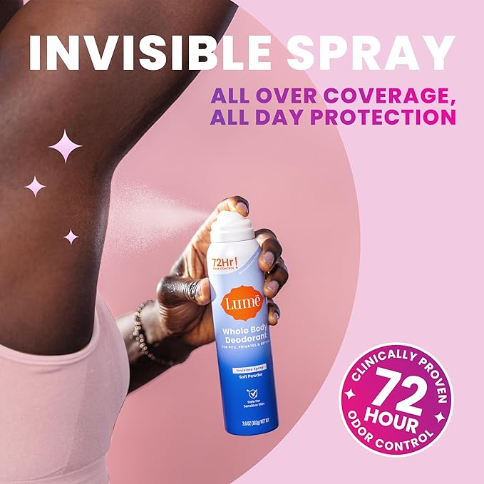 Lume Invisible Spray Deodorant For Women Two Pack - Full Size & Mini Whole Body Deodorant Spray - 72 Hr Odor Control - Aluminum & Baking Soda Free - 2 Piece Bundle - 3.6 oz & 1.0 oz (Soft Powder)
