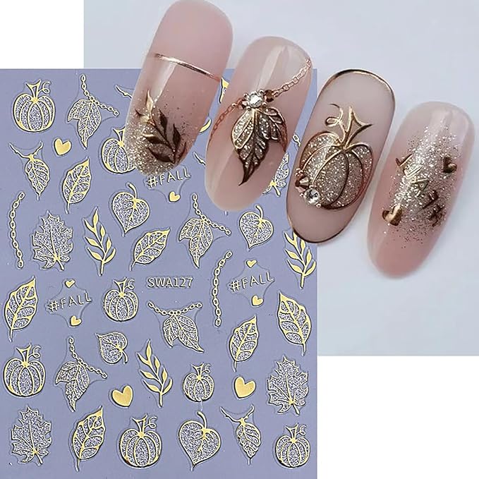 Halloween Pumpkin Ghost Nail Art Stickers Fall Maple Leaf Nail Decals Golden Fall Leaf Bat Spider Web Ghost 3D Self-Adhesive Nail Design Stickers for Women Holiday Manicure 8 Sheets