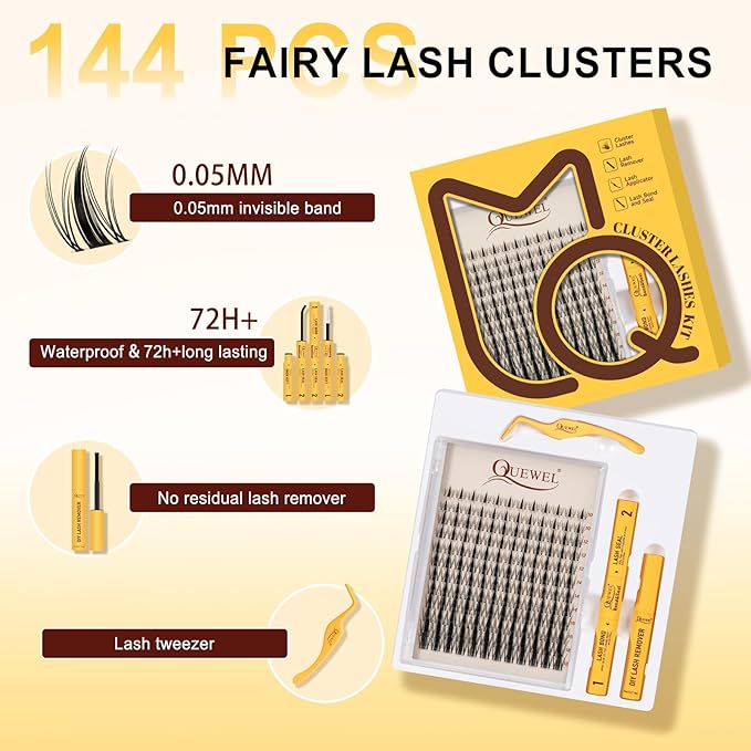 QUEWEL Fairy-Lash Clusters Kit, 144pcs Manga-Lash Clusters Kit Mix10-18mm Cluster Eyelash Extensions Kit With Lashes Bond and Seal, Lash Tweezers, Remover for DIY Natural Lashes(FD-Fairy 4 Set)