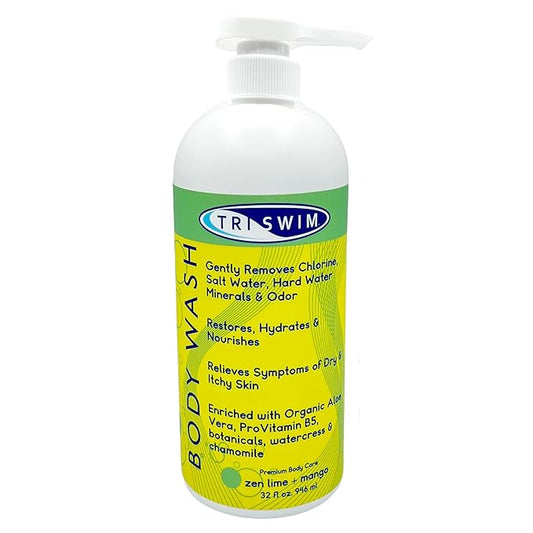 TRISWIM Chlorine Removal Body Wash 32 Fl Oz | Removes Chlorine, Bromine, Hard Water Minerals & Saltwater | Hydrates & Restores Skin | Zen Lime + Mango Scent