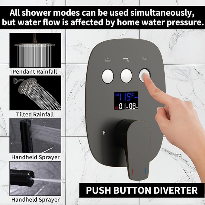 HONGTONGSOWER Shower Faucet Set Matte Black Shower System Temperature Display Diverter Shower Valve and 2 in 1 Handheld with Slide Bar, 12 Inch Ceiling Shower Head with 8 Inch Wall Mount Shower Head