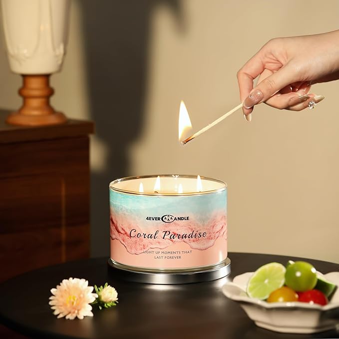 4EVER Scented Candles | 4-Wick 18oz Soy Wax Candle | Up to 50Hrs Clean Burn | Aromatherapy Candles for Home Scented | Gifts for Women & Mom, Coral Paradise