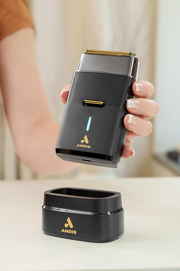 Andis 563616 Pro Foil Plus II Cordless Shaver, Gold Titanium Foils, Lithium Ion Battery, Includes USB-C Charging Stand, Black