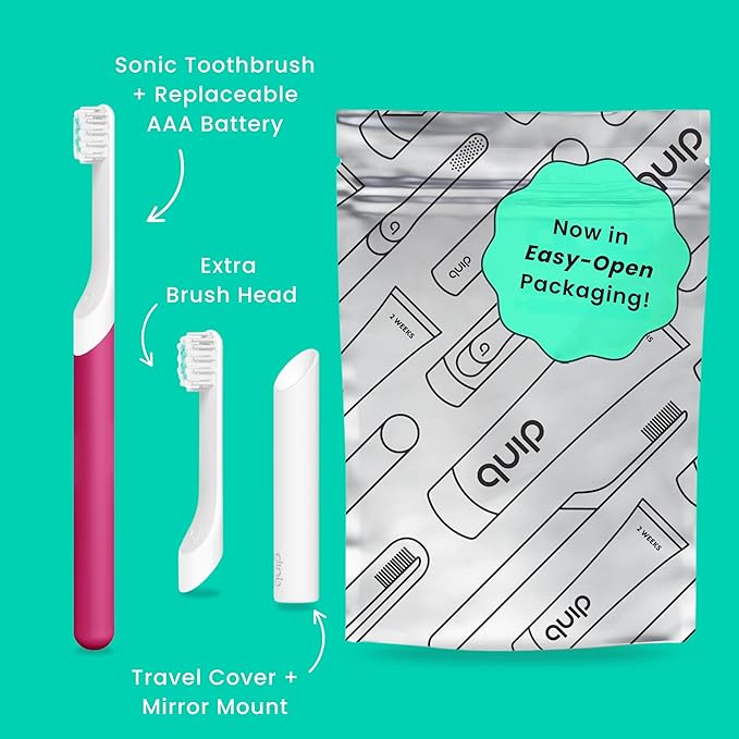 Quip Sonic Toothbrush for Kids with Timer - Includes Extra Brush Head and Travel Cover Mount - Electric, Soft Bristle Refill Head, Plastic Handle, 3 Month Battery Life - Wonder Pink