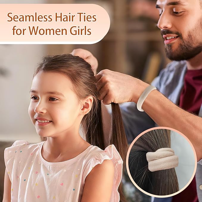 Bessrung 100 PCS Seamless Nylon Hair Ties, No Damage Elastics Hair Ties for Women Girls, Soft Stretchy Ponytail Holders for Thin Thick Hair, Snag-Free Hair Bands Valentine's Day Gift(Beige Color)