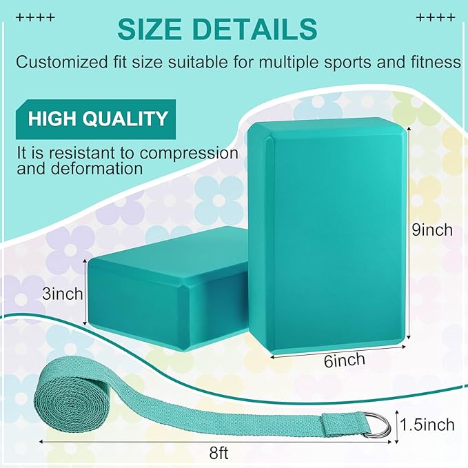 Meooeck 18 Pcs Yoga Block and Strap Set 9 x 6 x 3 Inch EVA Foam Non Slip Brick 8 ft Yoga Straps for Stretching D Ring Design Christmas Fitness Gifts for Women Pilates Workout Exercise