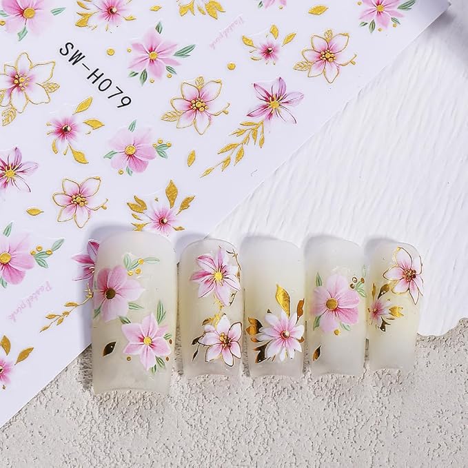 Flower Nail Stickers 6 Sheets - 5D Embossed Floral Designs with Gold Foil Accents, Self-Adhesive Nail Art Decals for Women, Spring & Everyday DIY