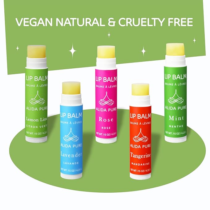 ALIDA PURE Aria Lip Balm Collection, Vegan Set, Beeswax Free, with Organic Jojoba and Avocado Oil, Vitamin E, Natural Moisturizer for Dry, Chapped Lips, 5 Tube Set