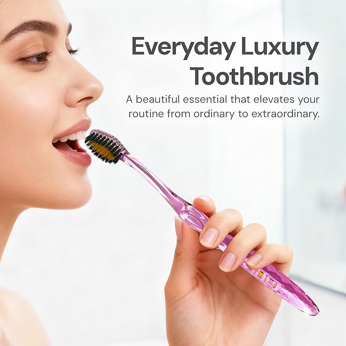 Nano-b Manual Toothbrush Set for Adults with Sensitive Gums, Gold & Charcoal Soft/Medium Bristles, Travel Cases, Blue, Pink, Green, Crystal, 12-Pack