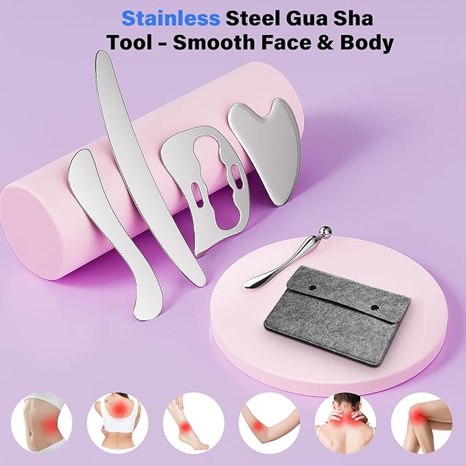 5 in 1 Muscle Scraper Tools Kit - Stainless Steel Gua Sha Massage Tools for Physical Therapy, Derma Edge Scraping for Face & Body, 5 PCS Guasha Set for Deep Tissue & Relaxation（5 PCS） (Grey)