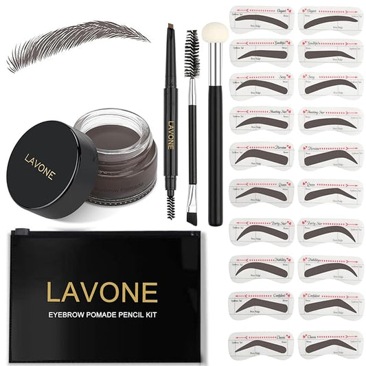 LAVONE Eyebrow Stamp Stencil Kit, Brow Stamp Trio Kit with Waterproof Eyebrow Pencil, Pomade, 20 Eyebrow Stencils, Dual-ended Eyebrow Brush and Sponge Applicator - Coffee