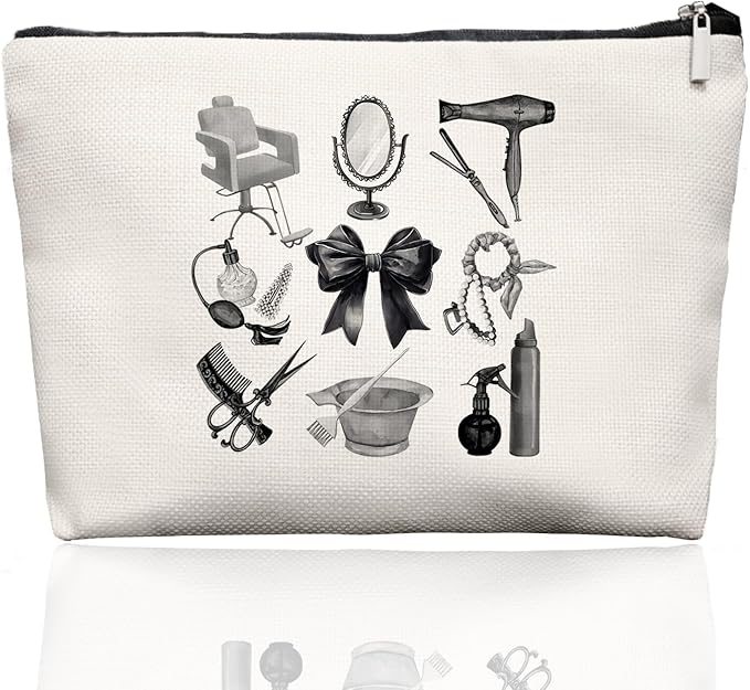 EKGJW Black & White Hairstylist Makeup Bag, Aesthetic Salon Travel Organizer, Cosmetology Student Gifts for Women, Hairdresser Accessories Pouch for Teen Girls, 7.5 x 10 in