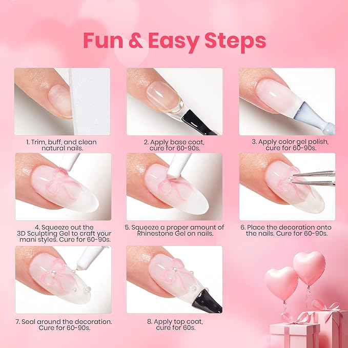 Beetles Valentine’s Day Gift Rhinestones Glue Kit - 3D Gel Nail Art & Sculpting Gel Glue and with Heart Charm Diamond Jewelry, Nail Decorations for DIY Gel Nail Polish