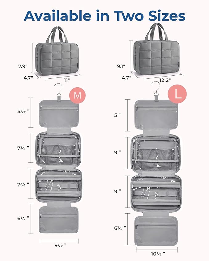 BAGSMART Travel Toiletry Bag with Jewelry Organizer, Hanging Travel Bag for Toiletries, Puffy Makeup Cosmetic Bag Organizer, Carry-on Travel Accessories Essentials, Grey-L