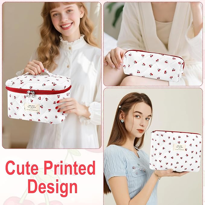 URSKYTOUS 3Pc Cotton Quilted Makeup Bag for Women Extra Large Coquette Small Floral Travel Cosmetic Bag Set Cute Cherry Makeup Pouch Portable Toiletry Bag Organizer Vintage Puffy Essential Storage Bag
