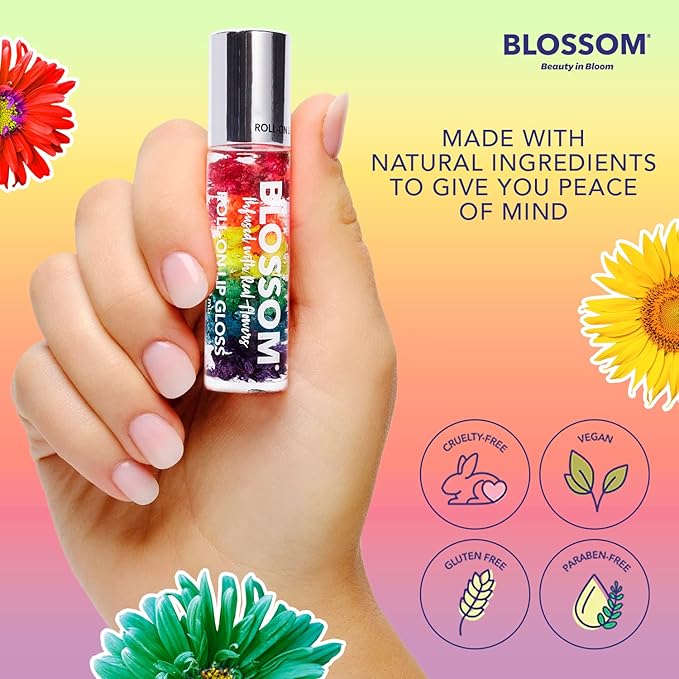 Blossom Roll on Lip Gloss, Scented Clear High Shine Moisturizing Lip Oil, Non Sticky, Infused with Real Flowers, Made in USA, 0.2oz, Strawberry Rainbow