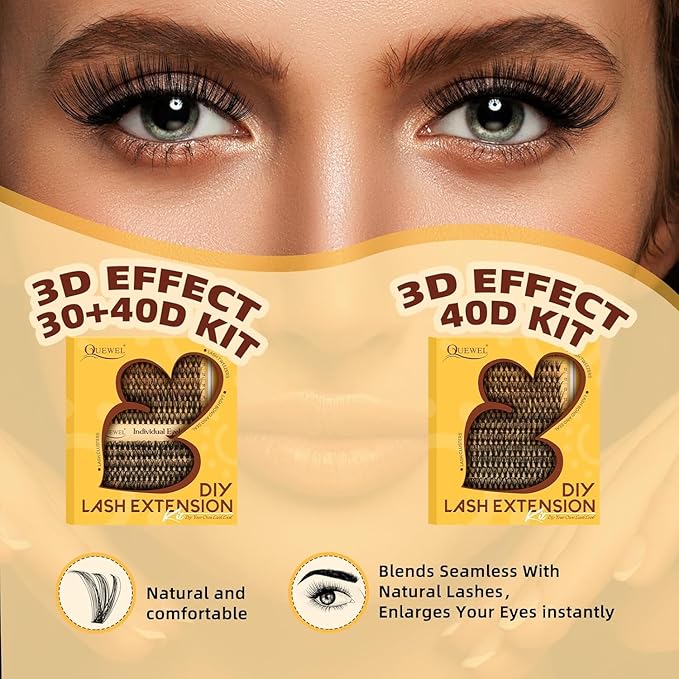 QUEWEL Lash Clusters, 280PCS 30+40D Lash Clusters Kit Mixed 2 styles 10-16mm, Thick Eyelash Clusters with Bond And Seal lashes clusters Glue and Lashes Tweezers Easy DIY at Home(D-30D+40D)