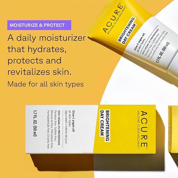 Acure Brightening Day Cream - Radiant Skin Day Cream with Cica & Argan Oil - Moisturizes, Evens Tone - 100% Vegan Formula - All Skin Types - Soothing & Nourishing Ingredients - 1.7 Fl Oz