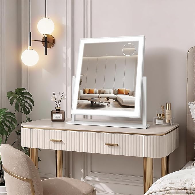 Vanity Mirror with Lights 14.5"x16.5", LED Makeup Mirror, 3 Color Lighting Modes, 10X Magnification, Smart Touch Control, Dimmable, Aluminum Metal Frame, Lighted Up for Vanity Desk (White)