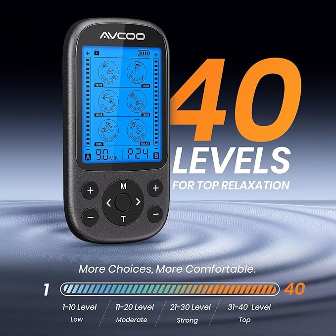 AVCOO Dual Channel TENS Unit Muscle Stimulator, 3-in-1 EMS TENS Machine with 24 Modes & 40 Levels, Rechargeable EMS Massager for Neck, Shoulder & Back Pain Relief with 12 Pads, EVA Case, Black