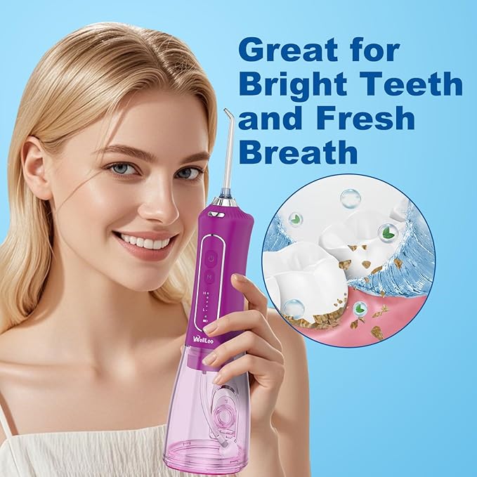 WellLeo Water Flosser for Teeth, 300ML Cordless Oral Irrigator Rechargeable Dental Flosser Picks with 5 Modes 5 Jet Tips,IPX7 Waterproof Teeth Cleaner for Braces Gum Care, Home Travel Use