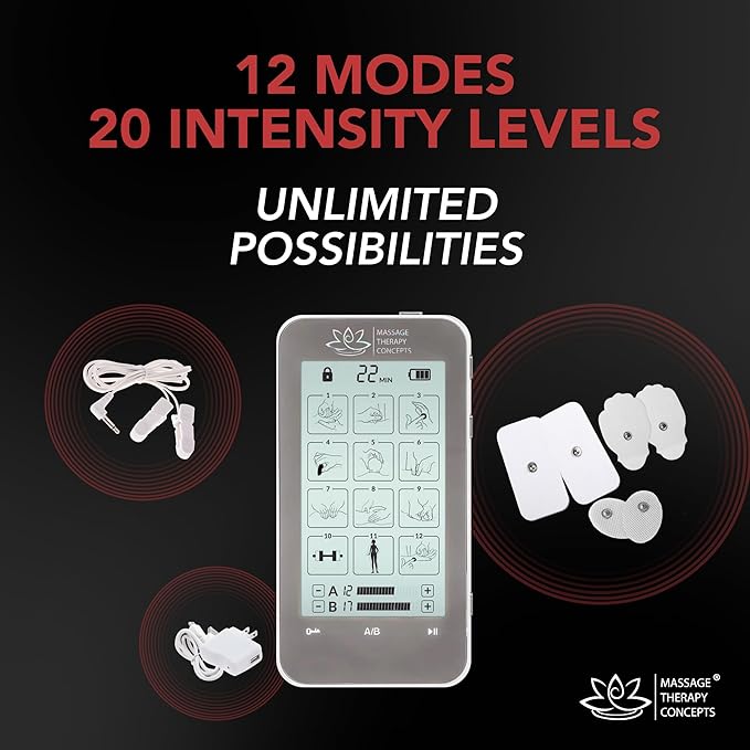 Massage Therapy Concepts TENS Unit Muscle Stimulator for PainRelief - Professional Dual Therapy Machine with 12 Modes and 20 Levels - Complete Accessory Set for Back and Neck Pain