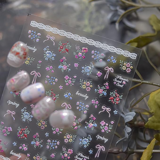 Flower Nail Stickers 5D Embossed Nail Art Stickers Decals with Flower Bow Design Spring Nail Stickers for Nail Art Self-Adhesive Summer Nail Supplies for Women Manicure Decorations