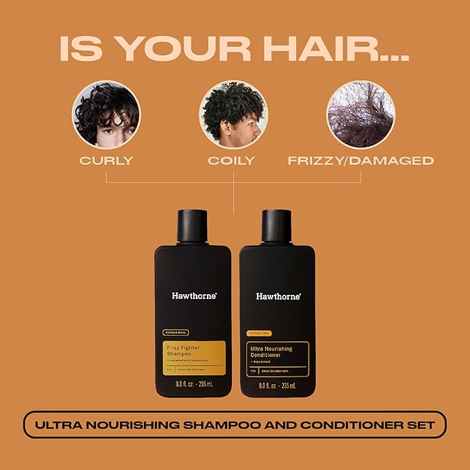 Hawthorne Men's Ultra Nourishing Shampoo and Conditioner Set. Unlock Moisturized, Non-Frizzy Hair with Shea Butter and Coconut Oil. Woody Citrus Scent. Sulfate Free, Paraben Free. 8 fl. oz each.