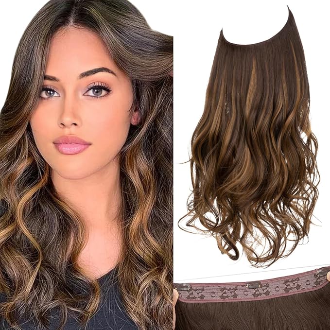 SARLA Invisible Wire Hair Extensions with 3 Clips Long Synthetic Wavy Curly Hairpiece Adjustable Transparent Headband for Women 18 Inch Dark Brown/Golden Blonde Highlights