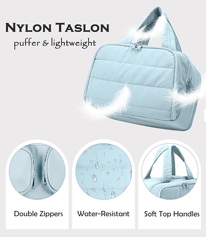 BUZFOWU Travel Toiletry Bag for Women, Large Wide-open Puffy Cosmetic Makeup Bag with Wet-Dry Separation, Multi-Pocket Organizer with Carry Handle for Toiletries, Cosmetics, Essentials, Light Blue