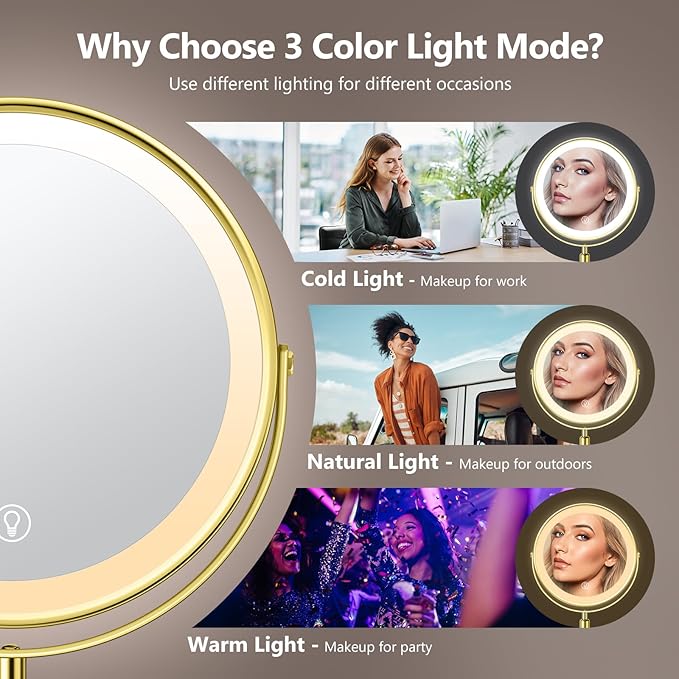 10X Large Lighted Makeup Mirror, Rechargeable 8" Height Adjustable Vanity Mirror, 1x/10x Magnifying Mirror with 3 Color, Brightness Adjustable, 360° Rotation Double Sided Mirror, Ideal Gift(Gold)