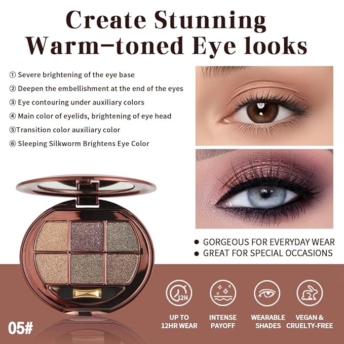 6-Color Shimmer Eyeshadow Palette, High Pigmented Metallic Sparkle Glitter Eye Shadow, Smooth Blendable Long Lasting Glow Finish for Smoky Eye, Glam Makeup, Party, Evening, Night Look, Mature Eyes