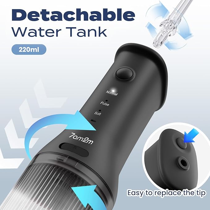 7AM2M Portable Cordless Water Flosser, Oral Irrigator with 3 Modes & 2 Tips, Fast Rechargeable, IPX7 Waterproof, Dental Water Flosser for Travel and Home Use (Black)