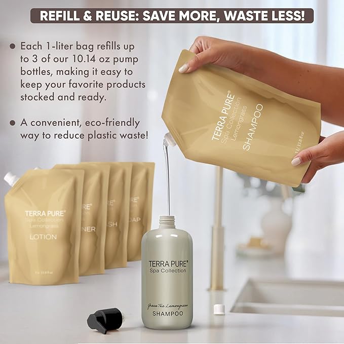 Terra Pure Spa Collection 1 Liter Shampoo Refill Bag For Soap Dispensers | Bulk Toiletries for Vacation Rentals, and Home Bathroom Showers | Green Tea Lemongrass | Set of 3