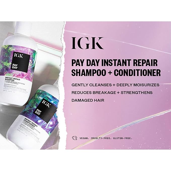 IGK PAY DAY Instant Repair Shampoo & Conditioner Set | Repairs Damage + Boosts Strength | Vegan + Cruelty-Free | 33.8 oz (Pack of 2)