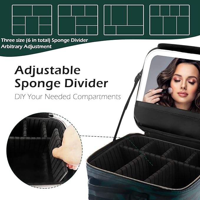 MOMIRA Makeup Train Case with Light-up Mirror, Cosmetic Bag Organizer, Portable Travel Makeup Case with Adjustable Dividers, Waterproof, Zebra-Green