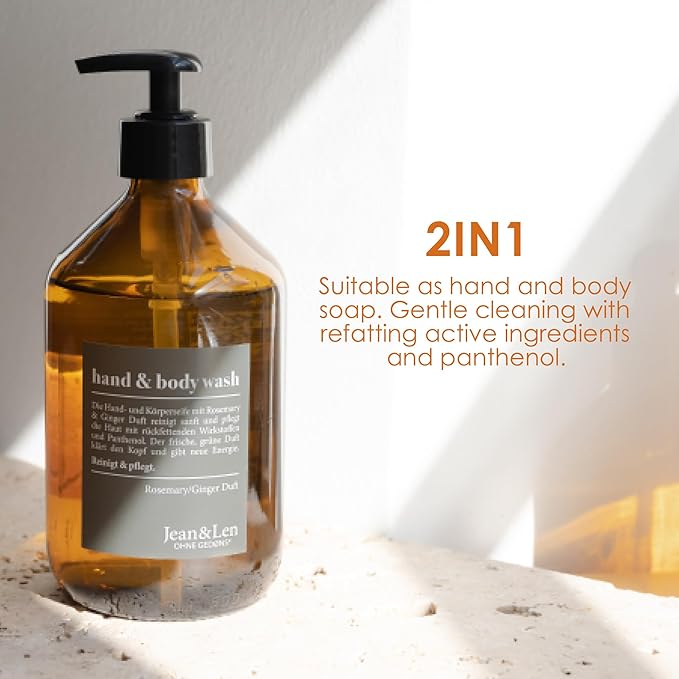 Jean & Len Hand & Body Wash Liquid, Spicy fresh scent Rosemary & Ginger, Hand and Body refillable Liquid, 100% vegan, without silicones, parabens and microplastics 16.9 Fl. Oz.