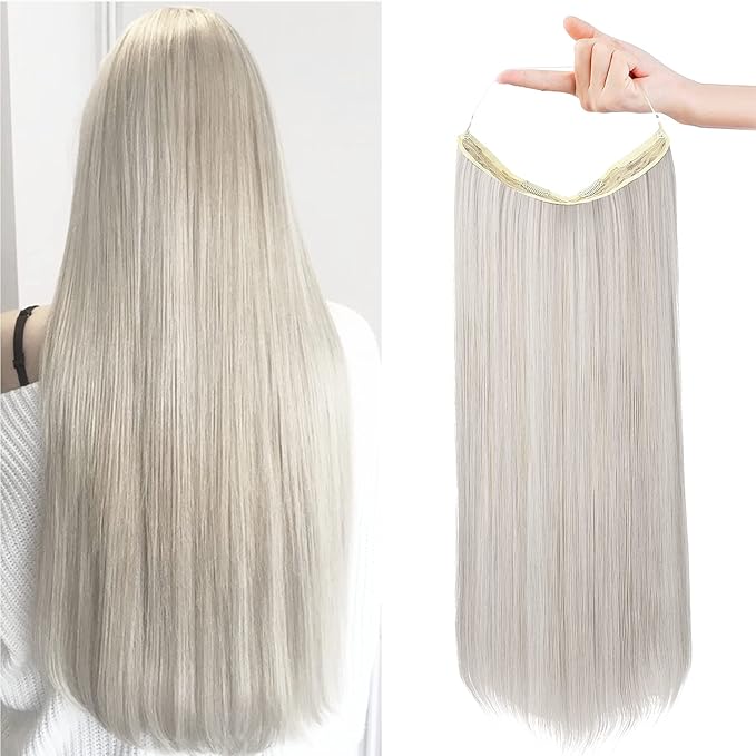 REECHO Invisible Wire Hair Extensions with Transparent Headband Adjustable Size Removable Secure Clips in Straight Secret Hairpiece for Women (24 Inch (Pack of 1), Pearl Platinum)