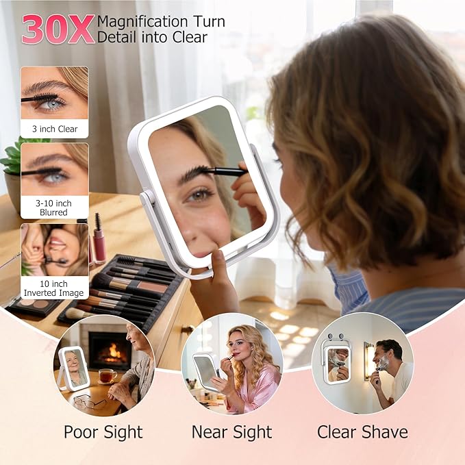 FUNTOUCH 30X/1X Travel Makeup Mirror with Lights, 3000mAh Rechargeable 2-Sided Magnifying Mirror, Portable Vanity Mirror, 3-Color Lighting Dimmable Touch Screen, for Women Gift, White