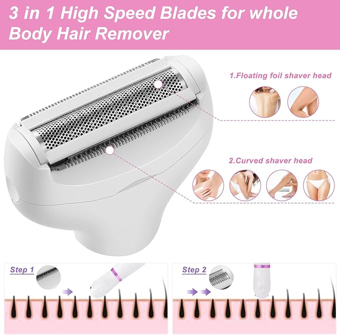 Electric Bikini Trimmer and Shaver for Women - 4 in 1 Waterproof Electric Razor- Rechargeable Pubic Hair Trimmer and Facial Hair Remover for Legs, Body, Underarm, Face, Eyebrow