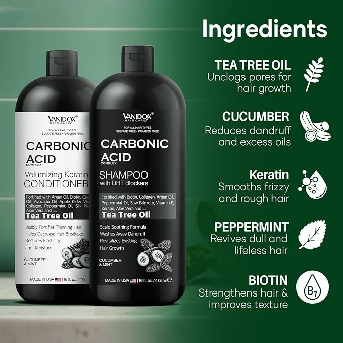 VANIDOX Carbonic Acid Shampoo and Conditioner for Men and Women, Deep Moisturizing Set, Enhances Hair Growth and Repair, Made in USA - 16 Fl Oz Each, Cucumber and Mint Scent