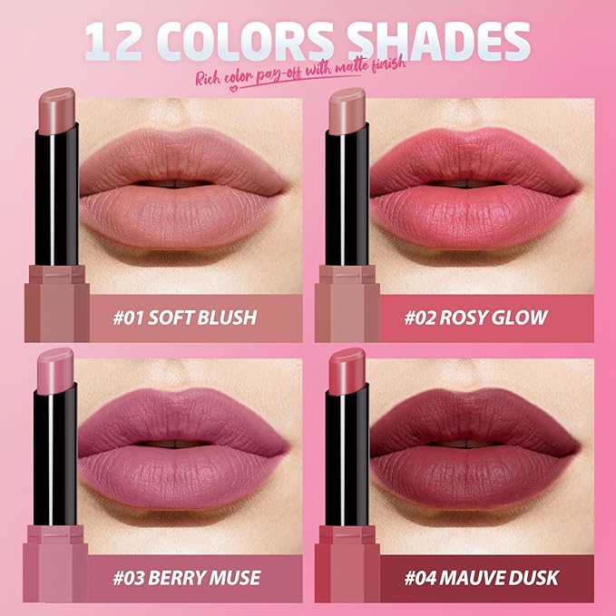 Jolilab 10Pcs Velvet Matte Lipstick Nude Matte Soft Dark Color Stick High Pigmented Long-Lasting Waterproof Lip Stick Lip Balm Beauty Cosmetics Gift for Women(Curated 10-Shade Set)